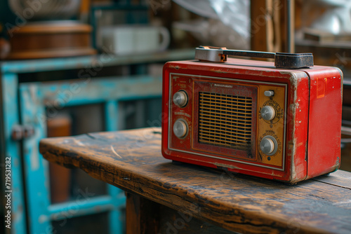 a red radio sits on top of a wooden table, in the style of close up, electric color, rotcore