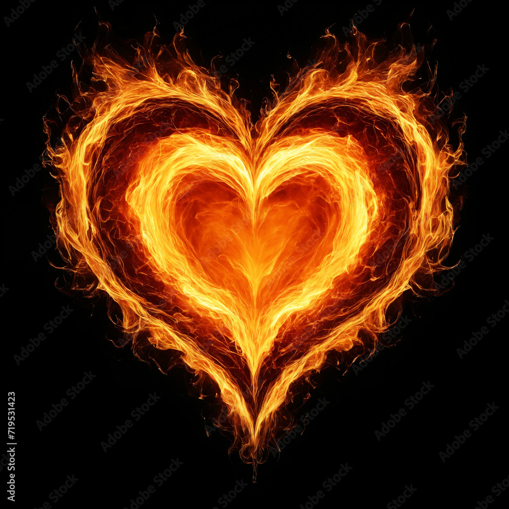 Fototapeta premium Bright flame-shaped heart on a black background.