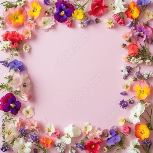 Top down view frame of bright spring flowers