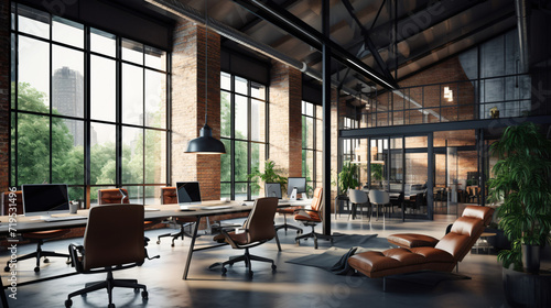 Modern office interior in loft industrial style 3d render, architecture, building, interior, warehouse, bridge, structure, construction, empty, road, industrial, factory, business, industry, city