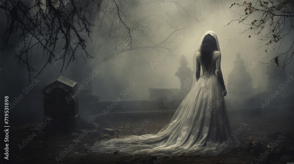 La Llorona vengeful bride ghost standing in a graveyard La Llorona vengeful bride ghost standing in a graveyard