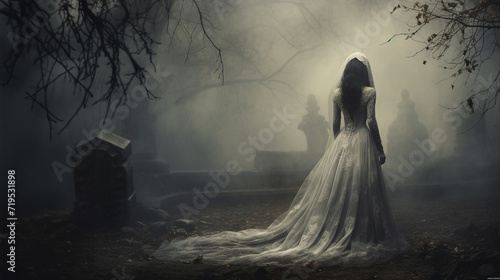 La Llorona vengeful bride ghost standing in a graveyard photo