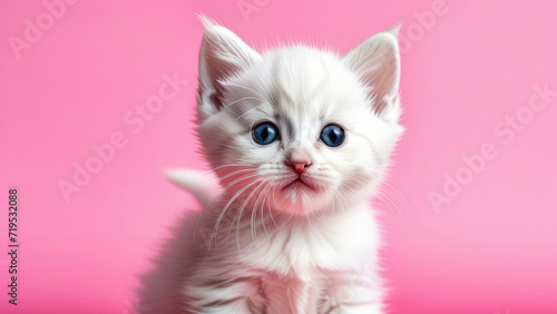 small white kitten on pink background, cartoon style, Funny animal for banner, flayer, poster, card with copy space, National Pet Day. 11 April © Natali9yarova