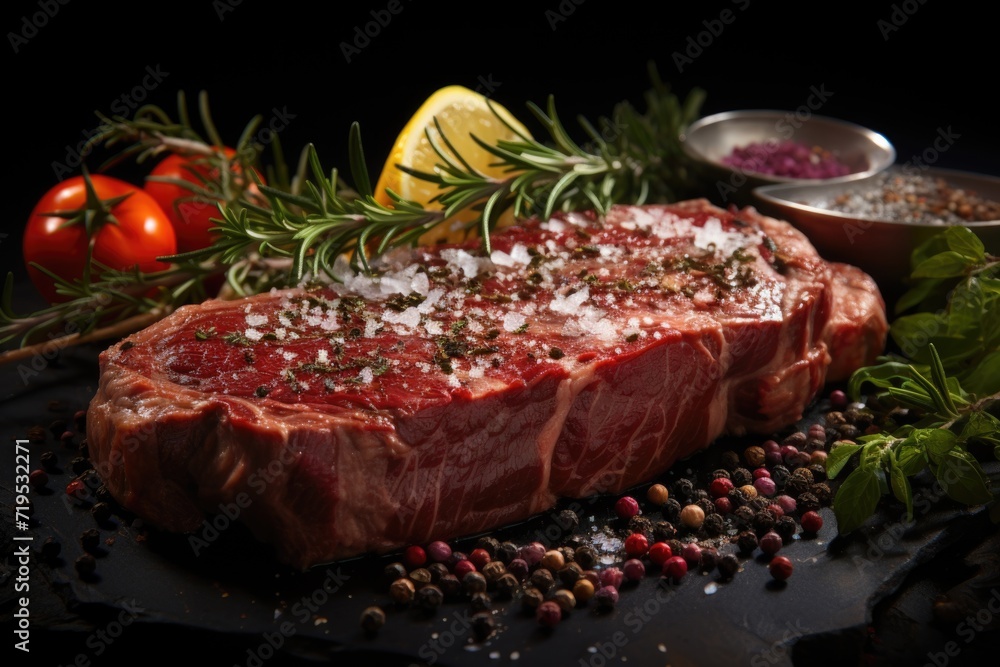 Raw meat steak close-up with herbs and spices in black background ai Generative, generative IA