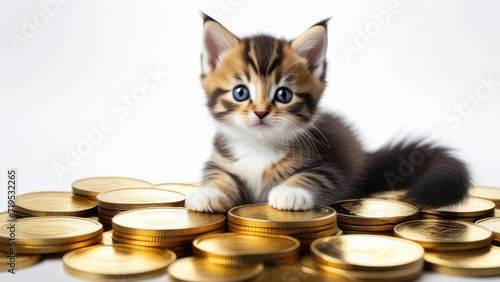 Illustration: Kitten sitting on gold coins on a white background. cartoon style. for: design, print, postcard (greeting card),