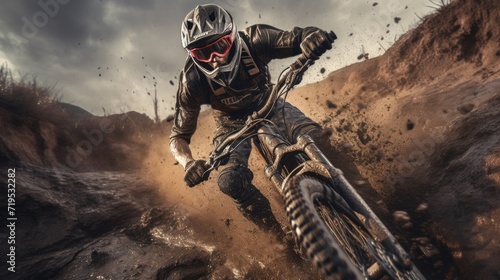 Mountain biker conquers a muddy trail, capturing the thrill of off-road cycling, with a close-up of handlebars immersed in dirt and adventure