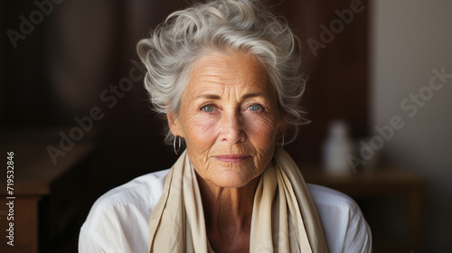 Portrait of a dignified elderly woman with elegant silver hair and scarf. © mariiaplo