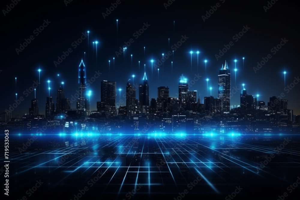 Futuristic cyberpunk digital smart city blue neon lights skyscrapers urban architecture building wireless network tech connection abstract background future technology virtual reality online logistics