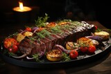 Grilled fillet steak fresh vegetable salad rustic wood generated by, generative IA