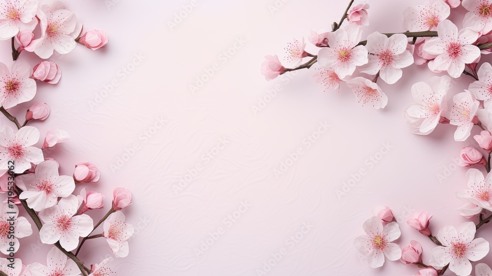 a serene garden scene featuring pink flowers meticulously arranged on a simple background, a banner-like composition with ample space for text placement.