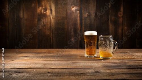 Beer glasses on a wooden table. Beer background. Beer background.