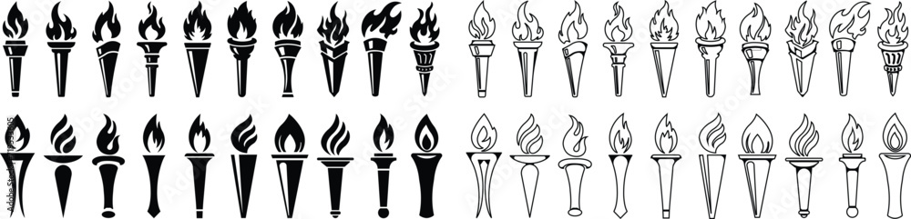 Torch and flame icons in flat, line style set. isolated on transparent background symbol of victory, success or achievement. Olympic burning torch in the Eiffel Tower. World Games. vector for app web - obrazy, fototapety, plakaty 