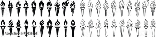 Torch and flame icons in flat, line style set. isolated on transparent background symbol of victory, success or achievement. Olympic burning torch in the Eiffel Tower. World Games. vector for app web photo