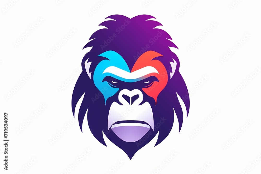 A vibrant, stylized gorilla face emblem with minimalist shapes and an eye-catching color palette. Isolated on white background