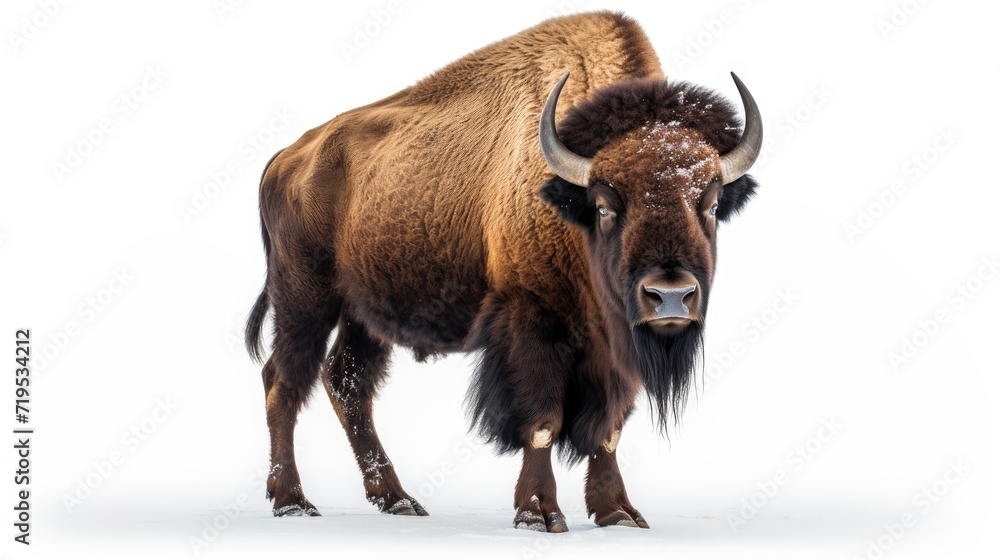 portrait of a powerful bison isolated on a white background, showcasing the strength and rugged beauty of this iconic North American species portrait of a powerful bison isolated on a white background, showcasing the strength and rugged beauty of this iconic North American species