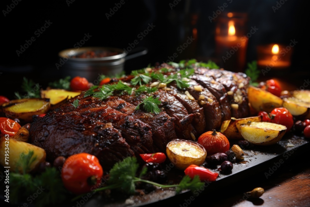 Successful Bifth Rare Meat with spices and grilled vegetables, generative IA