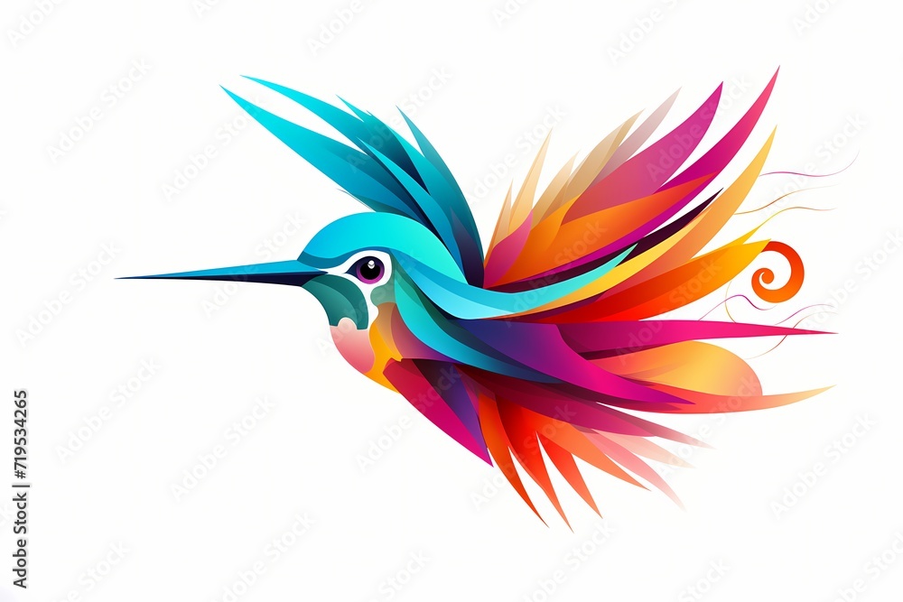 A vibrant, stylized hummingbird face emblem with minimalist shapes and an eye-catching color palette. Isolated on white background