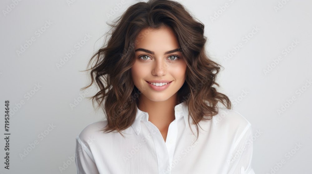 Stunning young woman with wavy hair smiling in a fresh white shirt. Stunning young woman with wavy hair smiling in a fresh white shirt.