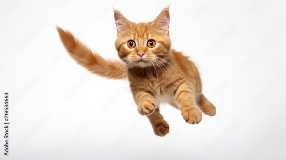Fototapeta premium Cat captured in mid-jump on a clean white background, showcasing its agility and grace in a dynamic pose