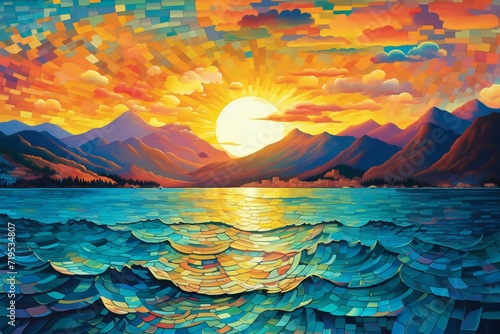 Beautiful sunset over a lake with mountains in the background,  Digital painting © Aurora