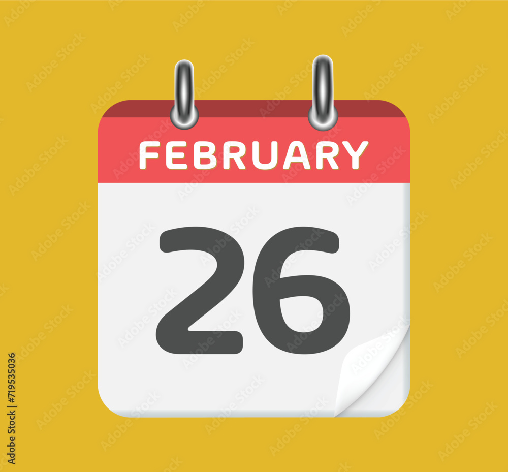 February 26. Calendar leaf on yellow background. February 26. Calendar leaf on yellow background.