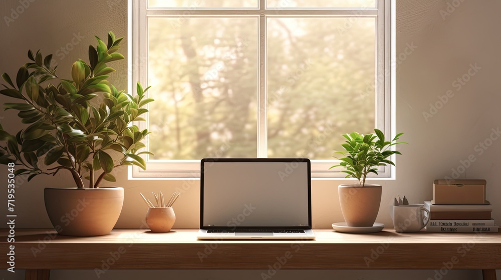 ample free space, featuring a vibrant green plant positioned against a backdrop of a spring window, a refreshing and tranquil workspace, emphasizing the harmonious blend of nature and technology. ample free space, featuring a vibrant green plant positioned against a backdrop of a spring window, a refreshing and tranquil workspace, emphasizing the harmonious blend of nature and technology.