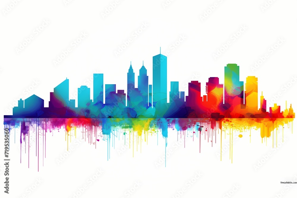 A visually appealing, simple vector graphic of an abstract city skyline in bright, vivid colors against a white solid background