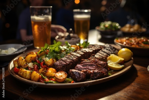 Argentine traditional grilled meat and salad with people drinking beer in the background, generative IA