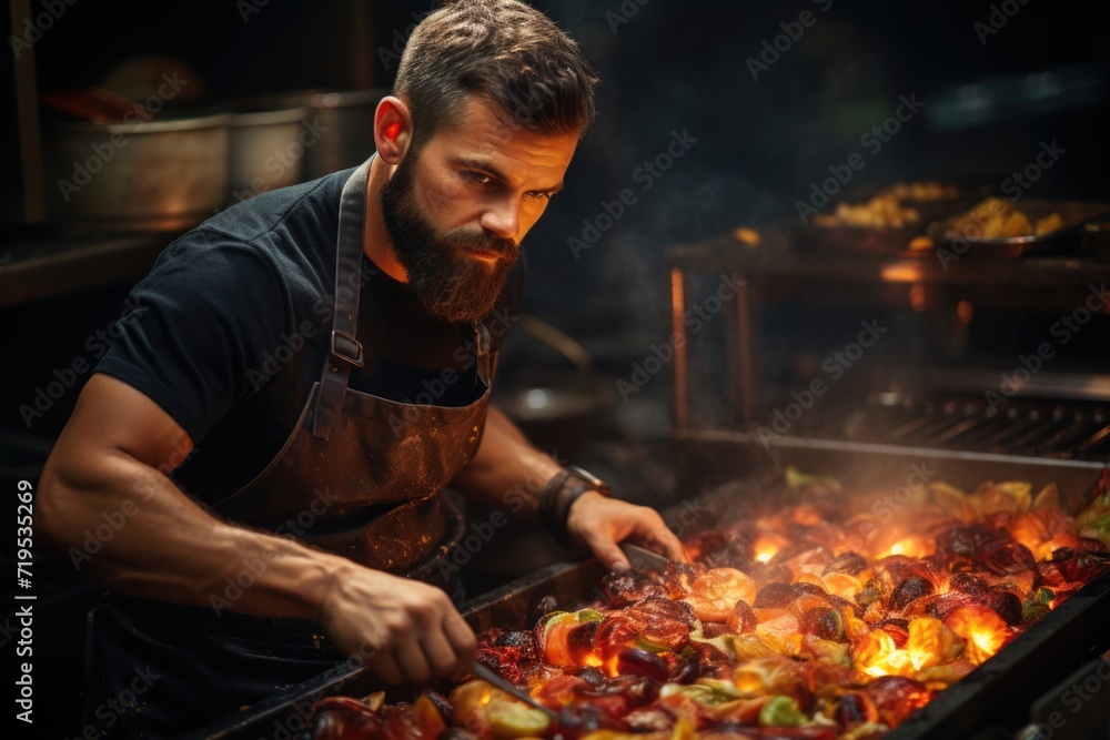 Professional chef cooking onion and meat vegetables on the grill with fire and smoke Beautiful man concentrated in the preparation of the cuisine of t