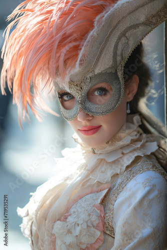 Close-Up Portrait of a Venice Carnival Mask Fashion Model