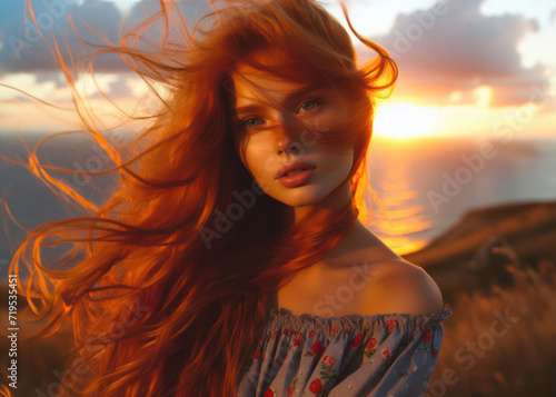  Portrait of a woman with long red hair on a wind in the field on sunset © Maksym Dykha