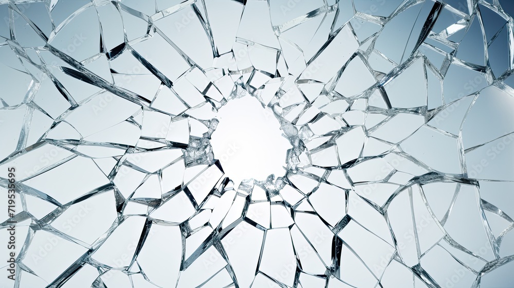Obraz premium a broken window, focusing on the shattered glass and the central hole resulting from impact, the raw and chaotic nature of the shattered glass against a backdrop of the surrounding environment.