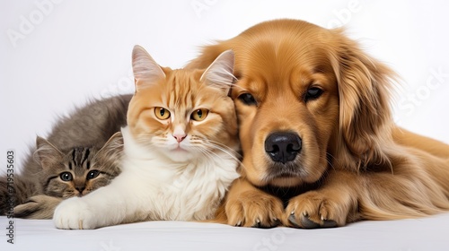 cat and dog together against a clean white backdrop, emphasizing the heartwarming friendship and diversity in the animal kingdom