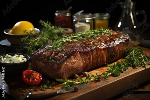 Porterhouse Steak Steak T-Boned Sliced ??with a large piece of fillet with herbs and salt steak, generative IA