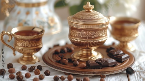 advertisment of russian samovar tea, white background, gold samovar and cup of tea, chocolate, hooney, chocopie photo