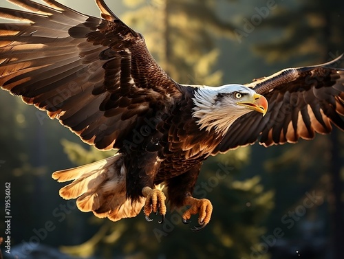 Beautiful eagle flies over a forest with sunlight