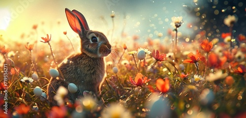 Magical moment with bunny in a field of eggs. © sdk