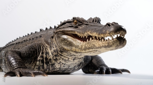 portrait of a menacing alligator on a clean white background, capturing the powerful and fearsome beauty of this reptilian predator
