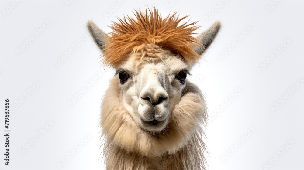 Fototapeta premium Studio portrait of a cute llama isolated on a white background, capturing the adorable and domestic beauty of this furry farm animal