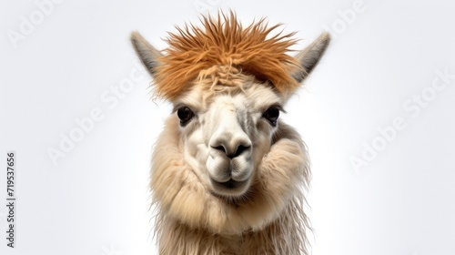 Studio portrait of a cute llama isolated on a white background, capturing the adorable and domestic beauty of this furry farm animal © pvl0707