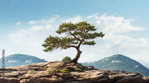 Panoramic view of a lonely tree growing on a rock  surrounded by the vastness of a breathtaking and rugged landscape