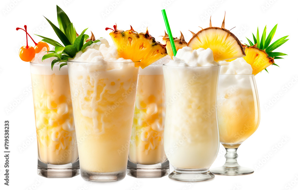 Set of Pina Colada cocktails with pineapple, coconut and creamy white top Set of Pina Colada cocktails with pineapple, coconut and creamy white top