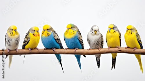 Budgerigars isolated on a white background, showcasing the vibrant and small avian beauty of these pet parakeets © pvl0707