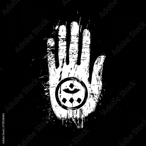 A crudely hand-drawn white and black palm the symbol of Jainism, with visible brush strokes on a solid black background. AI generated photo