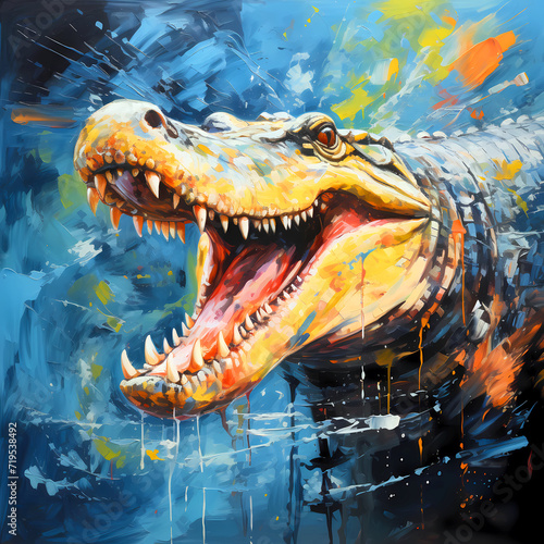 Alligator illustration  crocodile in water drawn by oil paints  colorful background