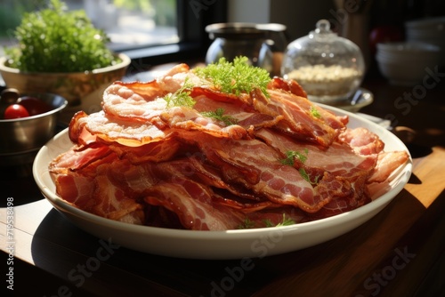 Closeup shot from a tasty dish with bacon and meat on a white dish, generative IA