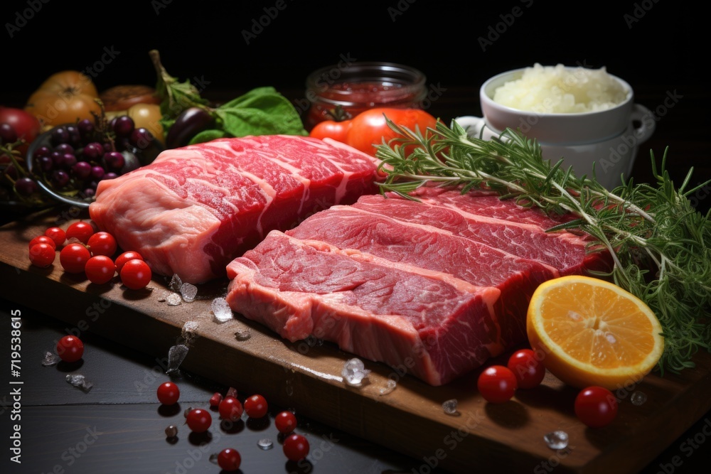 Close-up fresh lemon view raw red meats on the brown wooden board and knife in the dark background, generative IA