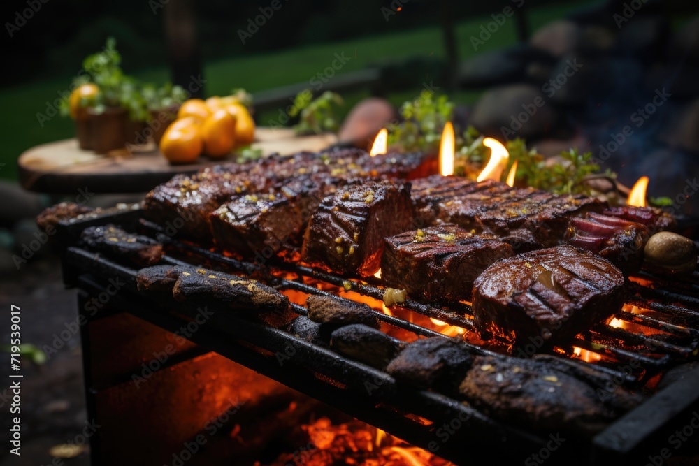 Delicious grilled picanha, in a picnic in the picnic baskets and a serene stream in the background, with the stars shining and a lighted bonfire under