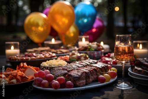 Delicious grilled picanha, in a picnic in the park with plaid tablecloths and colored balloons., generative IA © Gabriel