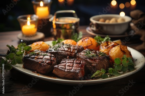 Delicious grilled picanha, in a restaurant by the lake with floating candle decoration and soft music., generative IA